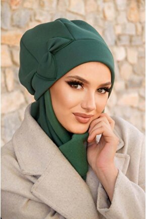 Zümrüt Yeşili Fiyonklu Tesettür Bere