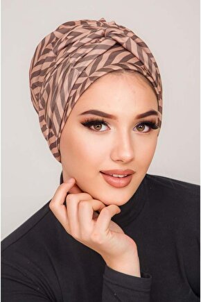 Kahve Bej Geometrik Desen Burgu Detaylı Bone