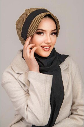 Hardal Siyah Kare Desen Tesettür Şapka