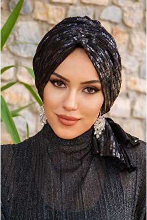 Siyah Payet İşleme Abiye Tokalı Bone