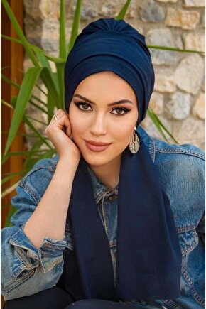 Koyu Lacivert Atkılı Tesettür Bone