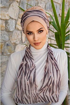 Bej Zebra Desen Fularlı Bone