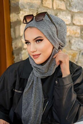 Gri Fitilli İnce Triko Tesettür Bere