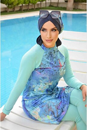Mavi Su Yeşili Desen Tesettür Mayo Takım