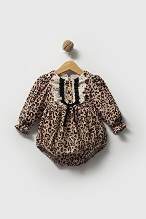 Kız Bebek Kız Çocuk Romper Doğum Günü Parti Düğün Leopar Romper Dantelli Fiyonklu Uzun Kol Romper