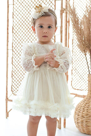 Kız Bebek Elbise Kız Çocuk Elbise Doğum Günü Parti Düğün Elbise Dantelli Uzun Kol Astarlı Elbise