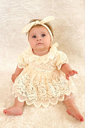 Kız Bebek Kız Çocuk Doğum Günü Parti Düğün Elbise Kısa Kol Bandanalı Dantelli Astarlı Romper