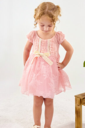 Kız Bebek Kız Çocuk Doğum Günü Parti Düğün Elbise Kısa Kol Dantelli Astarlı Elbise