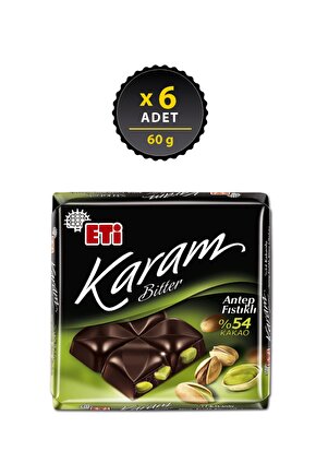 Karam %54 Kakaolu Antep Fıstıklı Bitter Çikolata 60 g x 6 Adet