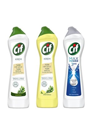 Cıf Krem Temizleyici Amonyaklı 750 Ml + Limon Kokulu 750 Ml + Max Power Mavi Çam Ferahlığı 675 Ml