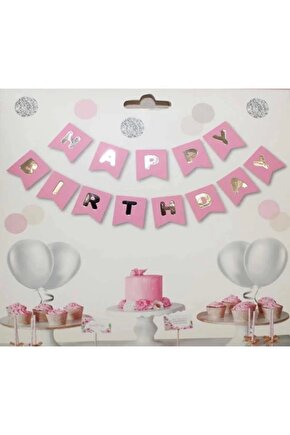Pembe Zemin Happy Birthday Gümüş Banner