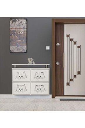 2+2 Metal Ayakkabılık (Beyaz-Kedi) | Modern Tasarım ve Geniş İç Hacim
