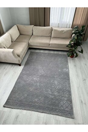 Modern İskandinav Desenli Yıkanabilir Kaymaz Dokuma Taban Şönil Halı Kapalı Gri
