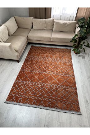 Modern İskandinav Desenli Yıkanabilir Kaymaz Dokuma Taban Şönil Halı Kiremit