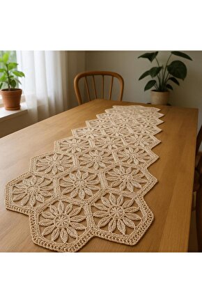 Fransız Dantel Yıldız Model 5 li, Masa Üzerine Runner İşlemeli Dantel (115X35CM