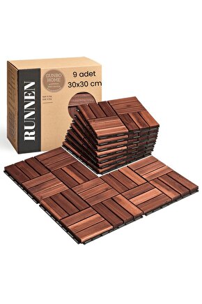 Runnen Akasya Ağacı Yer Karosu 9 Adet Bahçe Banyo Deck Ahşap Karo Masif Yer Döşemesi Balkon Deck