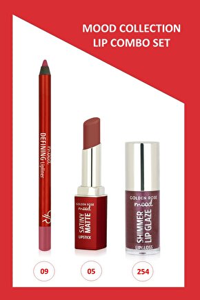 Mood Lip Combo Set - Defining Dudak Kalemi No:09 - Satiny Matte Ruj No:05 - Shimmer Dudak Parlatıcıs