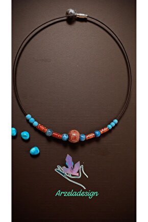 Dogal Taş Apatit Turkuaz Kristali Otantik Desenli Ahşap Boncuk Çelik Kolye