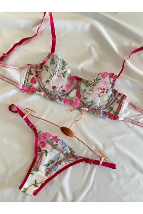 Çiçek Desenli Dantel Tül Bralet Takım