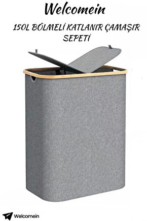 150 Litre Bambu Kapaklı Katlanabilir Çamaşır Sepeti | Geniş Hacimli, 2 Bölmeli Kirli Sepeti