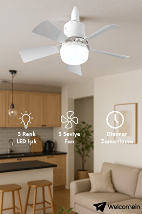 5 Kanatlı LED Işıklı Tavan Vantilatörü – Sessiz Çalışan, Uzaktan Kumandalı, Modern Beyaz Tasarım