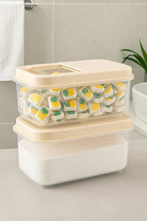 2li Set 7,5 Lt Mega Banyo Düzenleyici Kayar Kapaklı Etiketli Toz Tablet Deterjan Saklama Kutusu