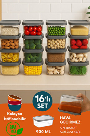 16lı Sızdırmaz Hava Geçirmez Buzdolabı Düzenleyici Difrizde Kullanım Uygun Saklama Kabı Seti 900 ML