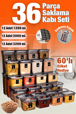 36 Adet 72 Parça 1,2-2,0-3,2 Litre Dikdörtgen Sızdırmaz Erzak Bakliyat Saklama Kabı Çeyiz Seti