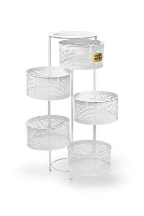 Kule Sebzelik 5 Katlı Tepsili Açılır Metal Patates Soğan Meyvelik Sepetli Rafı Beyaz
