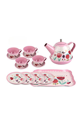 Oyuncak Evcilik Oyunu Aktivite 15 Parça Çiçekli Renkli Metal Çay Seti