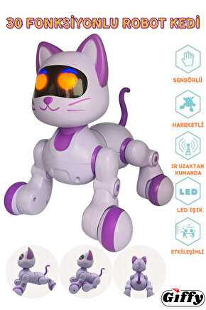 Oyuncak 30 Fonksiyonlu Uzaktan Kumandalı Şarjlı Sesli Işıklı Dokunma Algılama&Programlama Robot Kedi