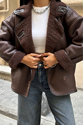 Else Acı Kahve Dokulu Süet Içi Peluşlu Oversize Zr Model Mont