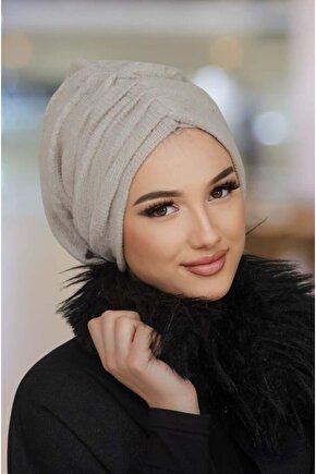 Taş Rengi Kışlık Büzgülü Bone