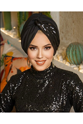 Siyah Payetli Burgu Model Dolgulu Tesettür Abiye Bone