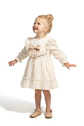 Kız Bebek Elbise Kız Çocuk Elbise Puanlı Doğum Günü Parti Düğün Özel Gün Uzun Kol Fiyonk Astarlı