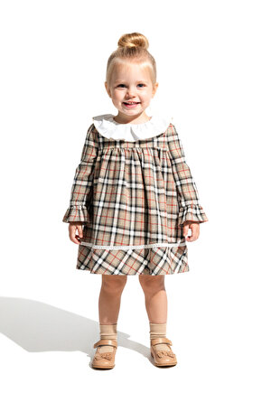 Kız Bebek Elbise Kız Çocuk Elbise Yakalı Doğum Günü Parti Düğün Özel Gün Uzun Kol Astarlı Ekose