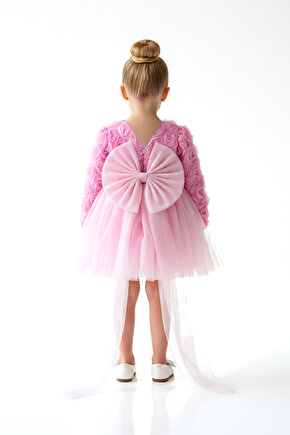 Kız Bebek Kız Çocuk Doğum Günü Parti Düğün Elbise Uzunkollu Güllü Fiyonklu Tüllü Tütü Astarlı