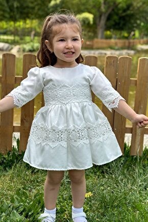 Kız Bebek Elbise Kız Çocuk Elbise Doğum Günü Parti Düğün Elbise Dantelli Kısa Kol Astarlı Elbise