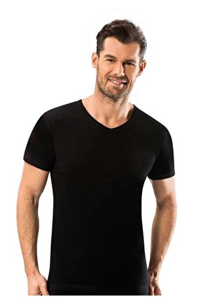 Erkek 6lı Siyah V Yaka Yarım Kol Fanila Atlet 112