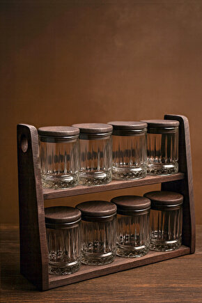 Laura Lotus- Standlı 8li Vakumlu Ahşap Kapaklı Cam Baharatlık Takımı Saklama Kabı Seti 210 ml