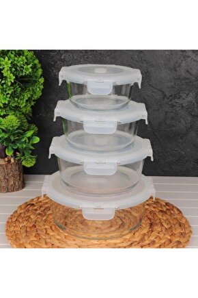 Freshlock Çok Amaçlı Vakumlu Kilitli Borosilikat Cam 4lü Yuvarlak Cam Saklama Kabı Beyaz