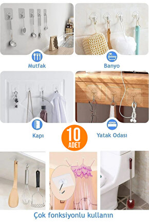 10 Adet - Kendinden Yapışkanlı Çok Amaçlı Kancalı Askı