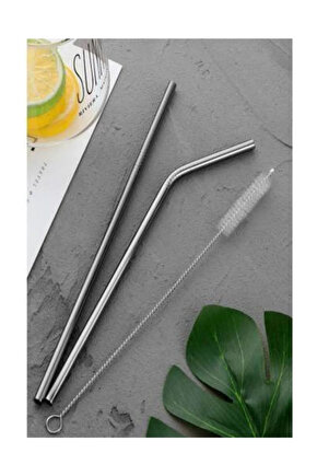 2 Adet Paslanmaz Çelik Pipet ve Temizleme Fırçası