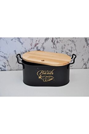 Ahşap Kesme Tahtalı Siyah Metal Ekmeklik - Bambu Kapaklı Kesme Tahtalı Ekmek Kovası