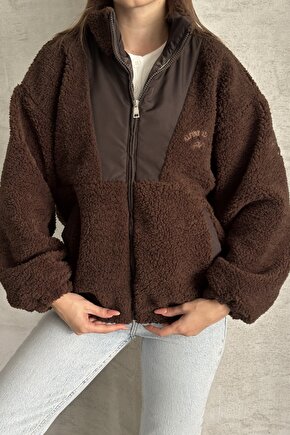 Kadın Oversize Peluş Bomber Ceket - Teddy Kahverengi Polar Mont