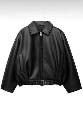 Kadın Oversize Bomber Suni Deri Ceket | Yeni Sezon Kemerli Biker Ceket