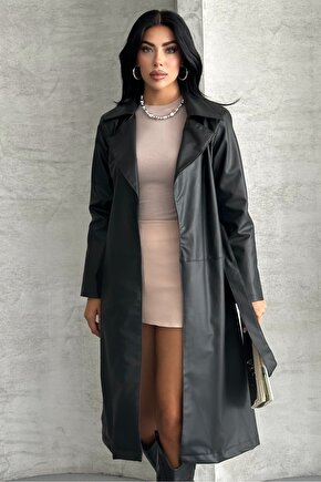 Kadın Deri Trençkot - Uzun Kuşaklı Şık Mevsimlik