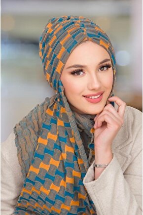 Antrasit Hardal Desenli Kelebek Model Büzgülü Bone Şal