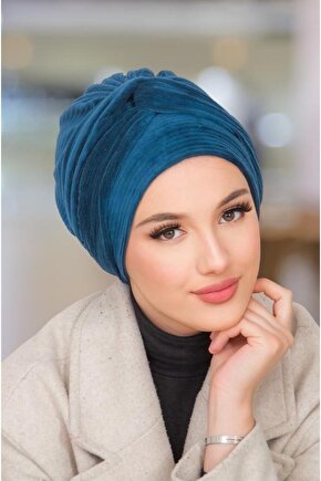 Petrol Kadife Burgu Detaylı Bone