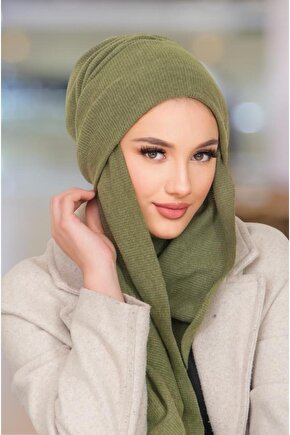 Haki Triko Kelebek Bone Şal